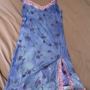 Floral Lace Trim Nightgown - Blue and Purple